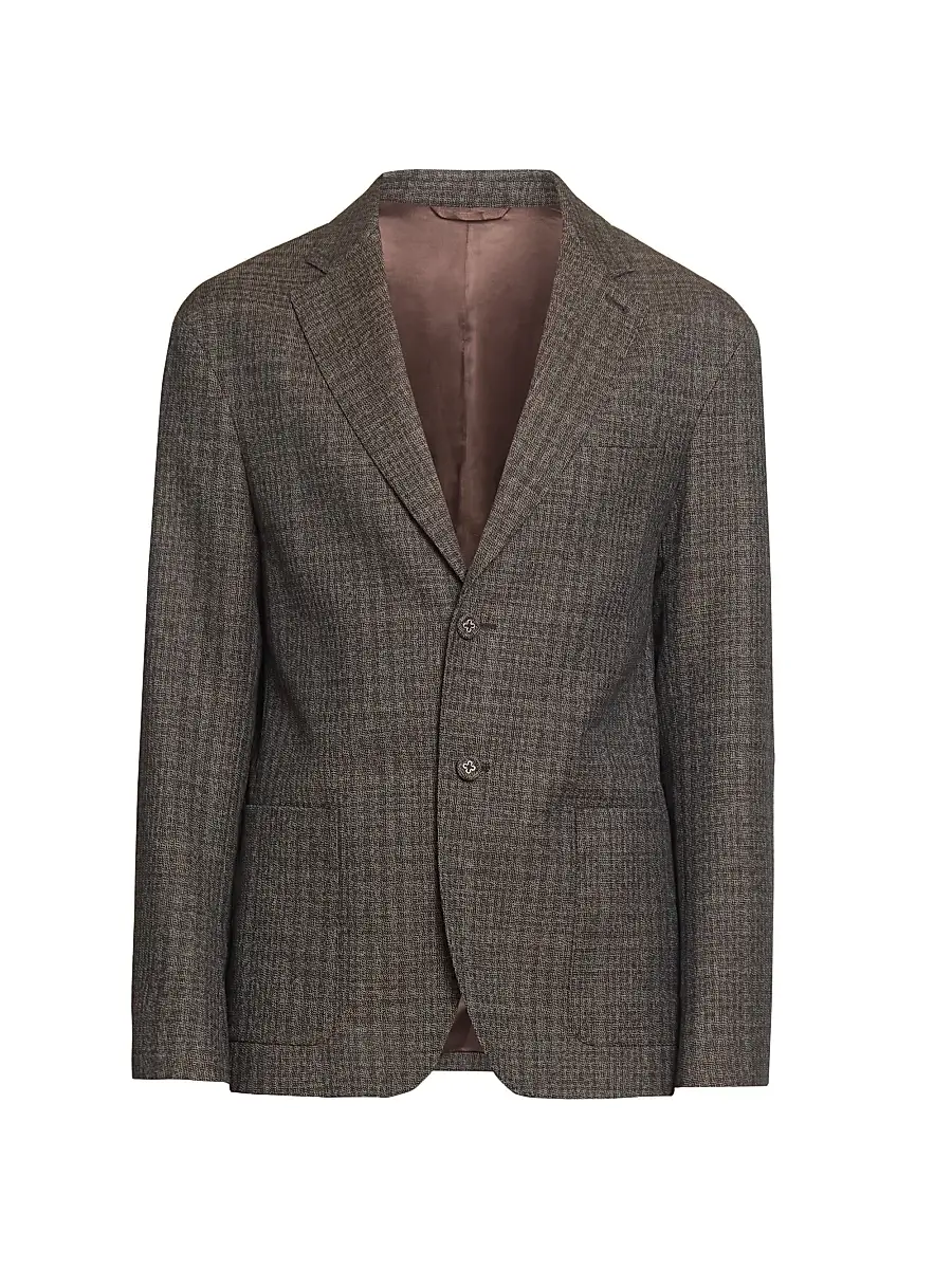 Officine Générale Men's Michel Plaid Virgin-Wool Single-Breasted Jacket - Iced Coffee Dark Brown Ecru | Image 1 Officine Générale Men's Michel Plaid Virgin-Wool Single-Breasted Jacket - Iced Coffee Dark Brown Ecru | Image 1