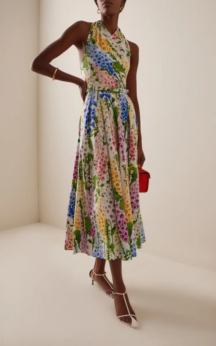 Oscar de la Renta Foxglove-Printed Cotton-Poplin Midi Halter Dress | Thumbnail 2