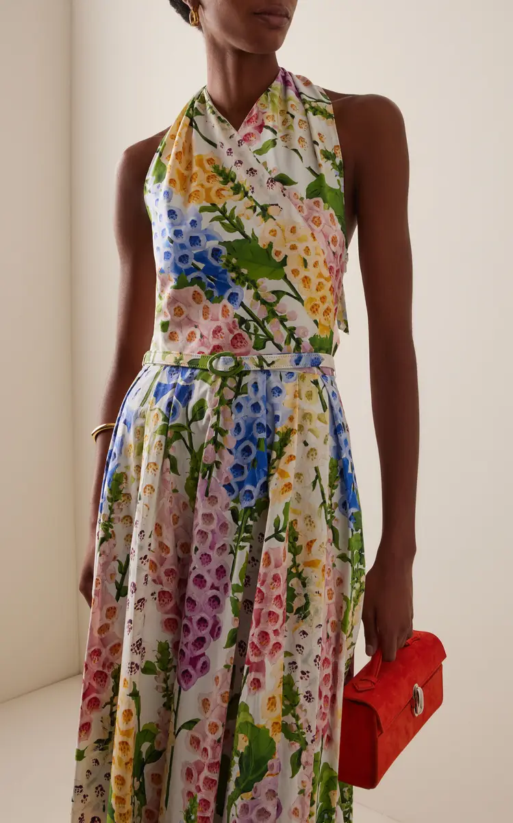 Oscar de la Renta Foxglove-Printed Cotton-Poplin Midi Halter Dress | Thumbnail 3