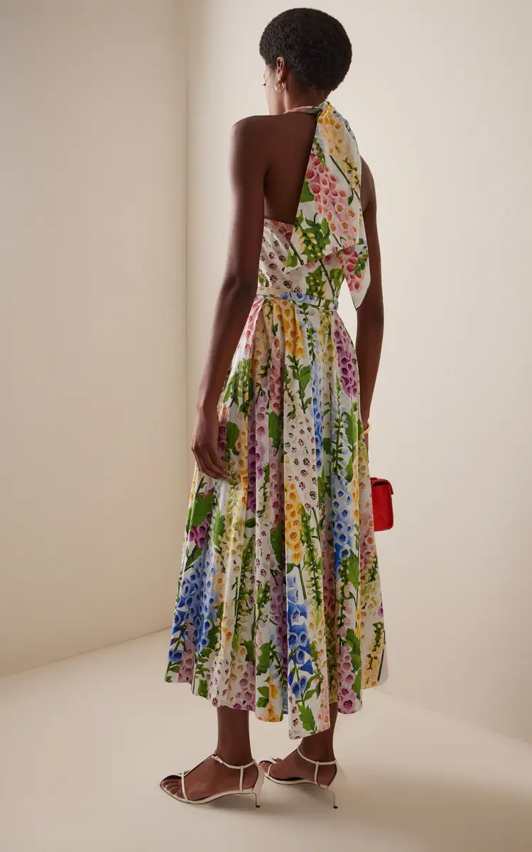 Oscar de la Renta Foxglove-Printed Cotton-Poplin Midi Halter Dress | Thumbnail 4