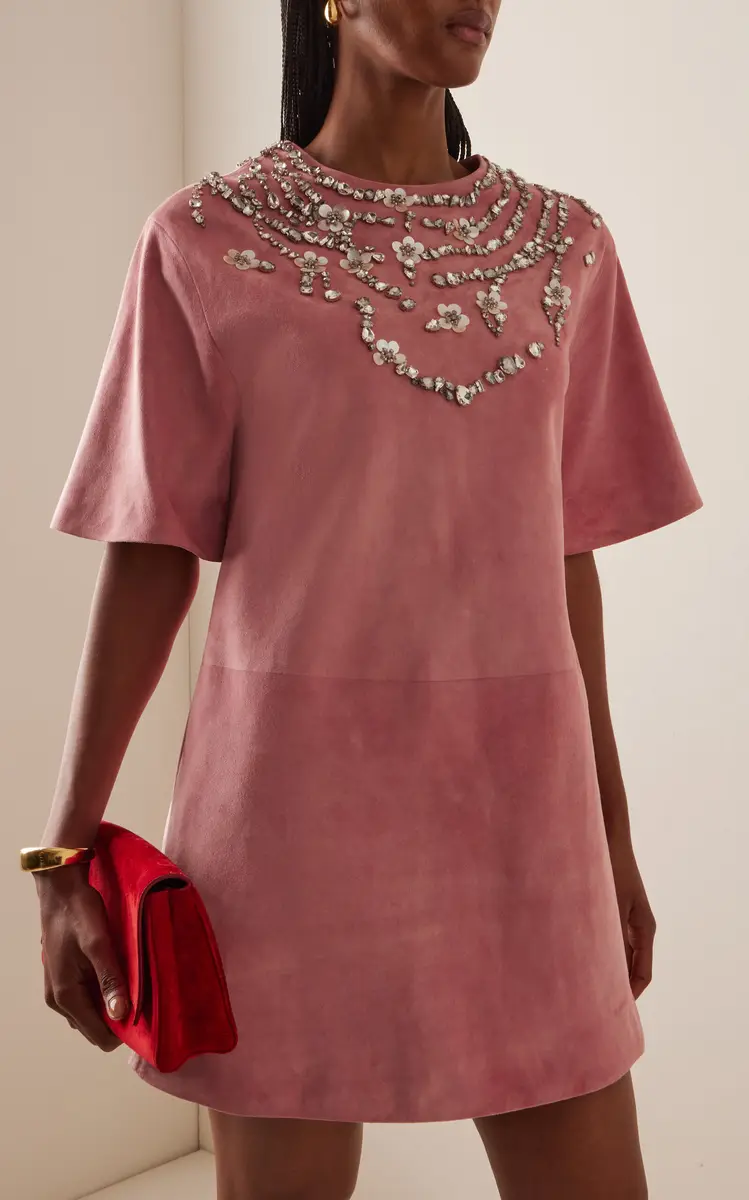 Oscar de la Renta Embellished Suede Mini Dress | Thumbnail 3