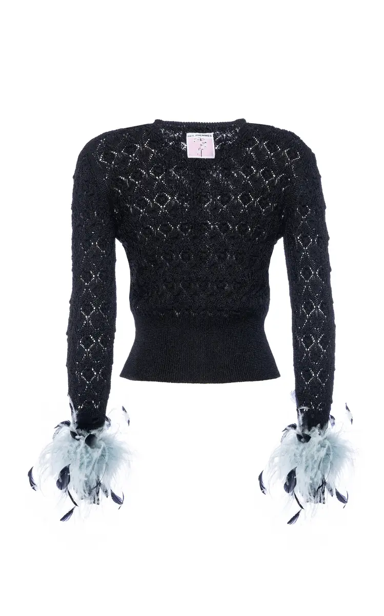 DES_PHEMMES Feather-Trimmed Pointelle-Knit Cardigan | Thumbnail 11 DES_PHEMMES Feather-Trimmed Pointelle-Knit Cardigan | Thumbnail 11