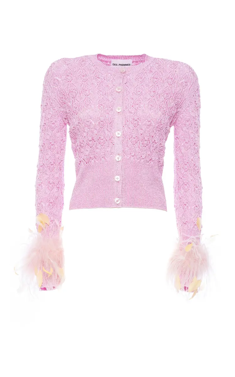 DES_PHEMMES Feather-Trimmed Pointelle-Knit Cardigan | Thumbnail 7 DES_PHEMMES Feather-Trimmed Pointelle-Knit Cardigan | Thumbnail 7