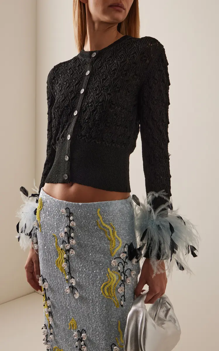 DES_PHEMMES Feather-Trimmed Pointelle-Knit Cardigan | Thumbnail 8 DES_PHEMMES Feather-Trimmed Pointelle-Knit Cardigan | Thumbnail 8