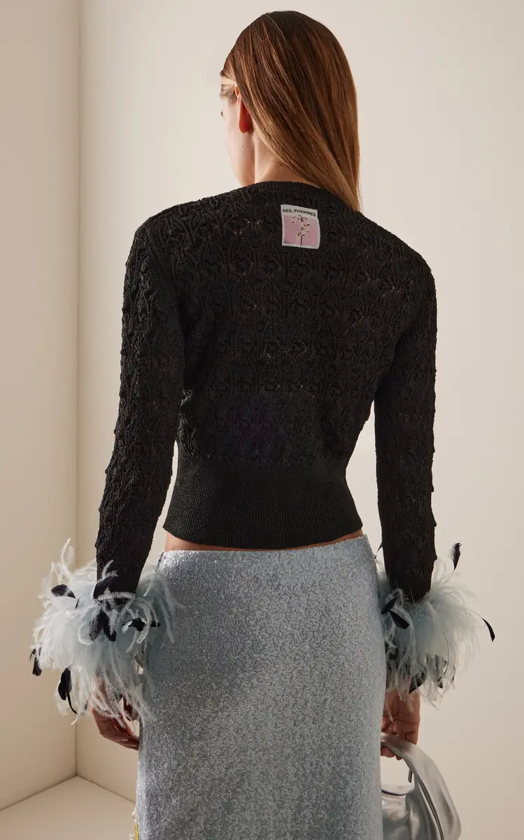 DES_PHEMMES Feather-Trimmed Pointelle-Knit Cardigan | Thumbnail 10 DES_PHEMMES Feather-Trimmed Pointelle-Knit Cardigan | Thumbnail 10