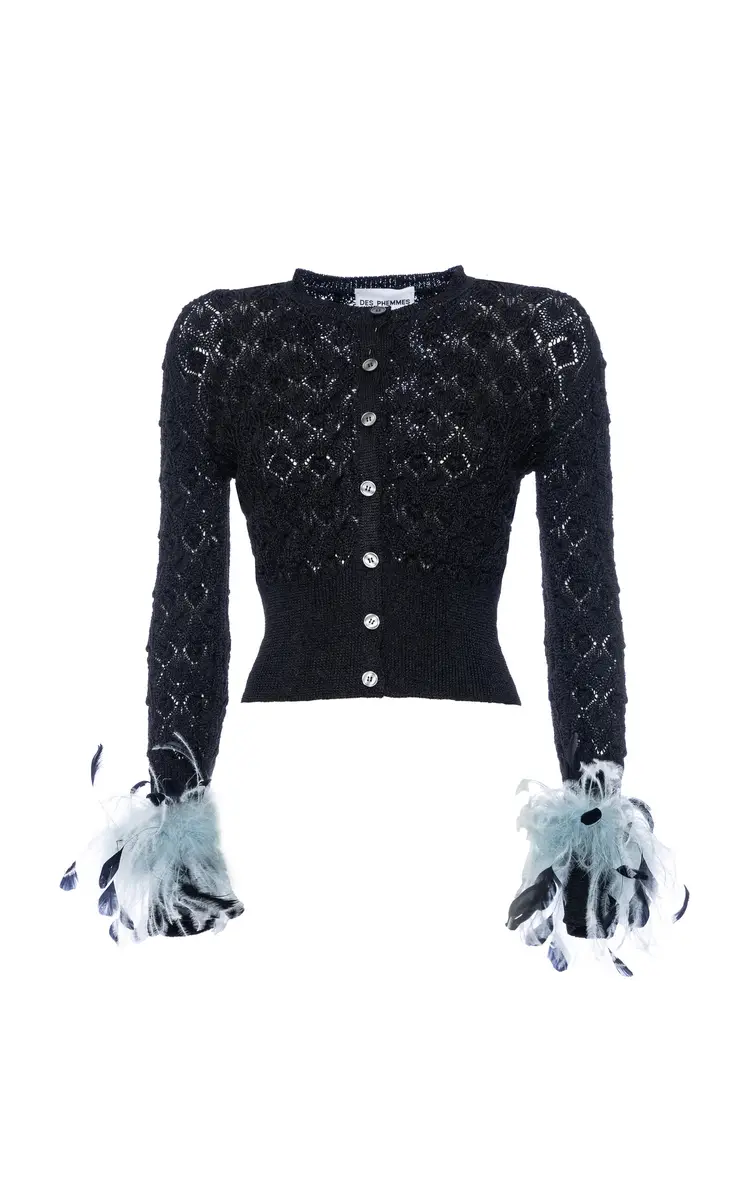 Feather-Trimmed Pointelle-Knit Cardigan Feather-Trimmed Pointelle-Knit Cardigan