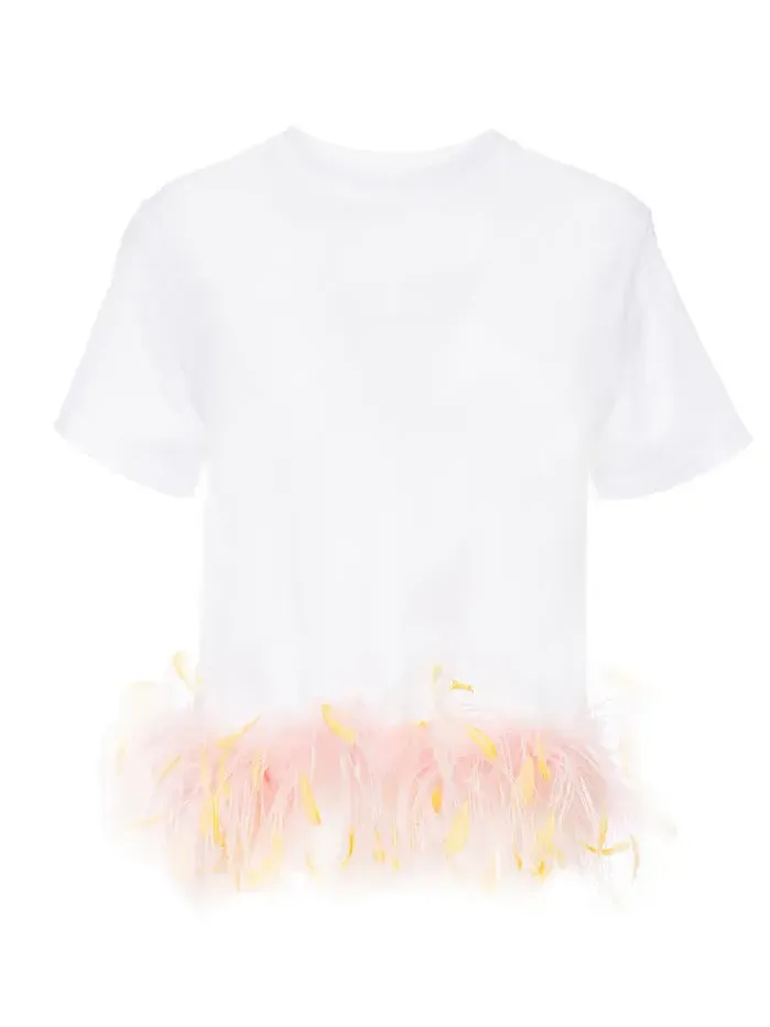 DES_PHEMMES Classic Feather-Trimmed Boxy Cotton T-Shirt