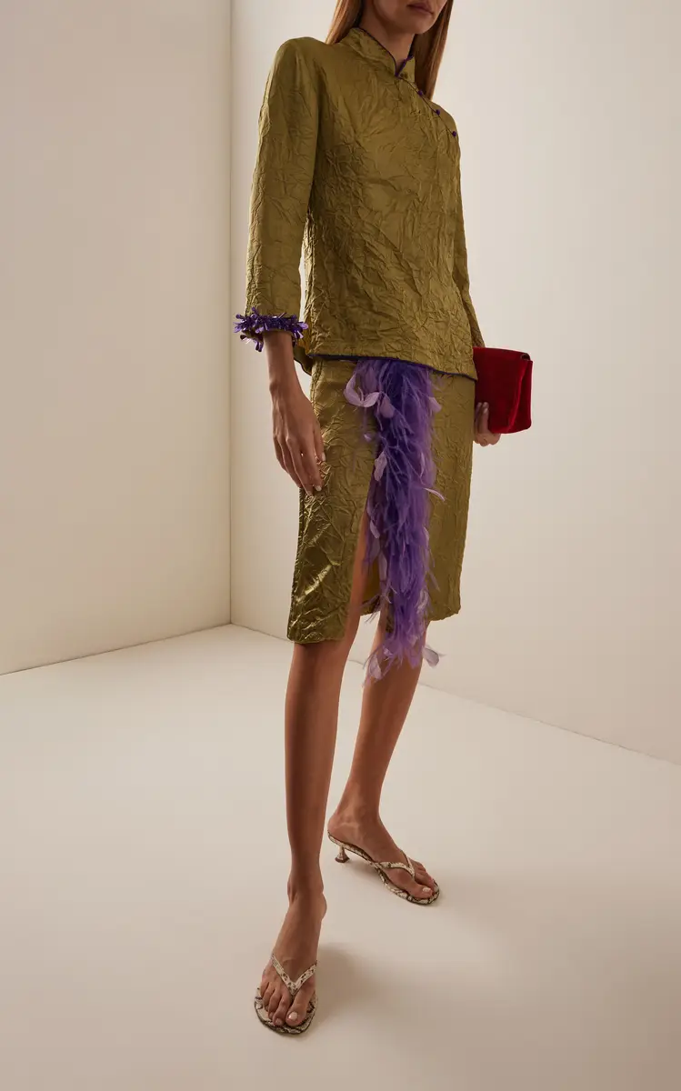 DES_PHEMMES Feather-Trimmed Satin Midi Skirt | Thumbnail 2
