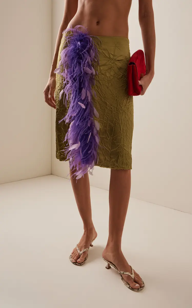 DES_PHEMMES Feather-Trimmed Satin Midi Skirt | Thumbnail 3
