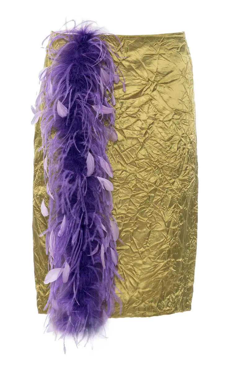 Feather-Trimmed Satin Midi Skirt Feather-Trimmed Satin Midi Skirt