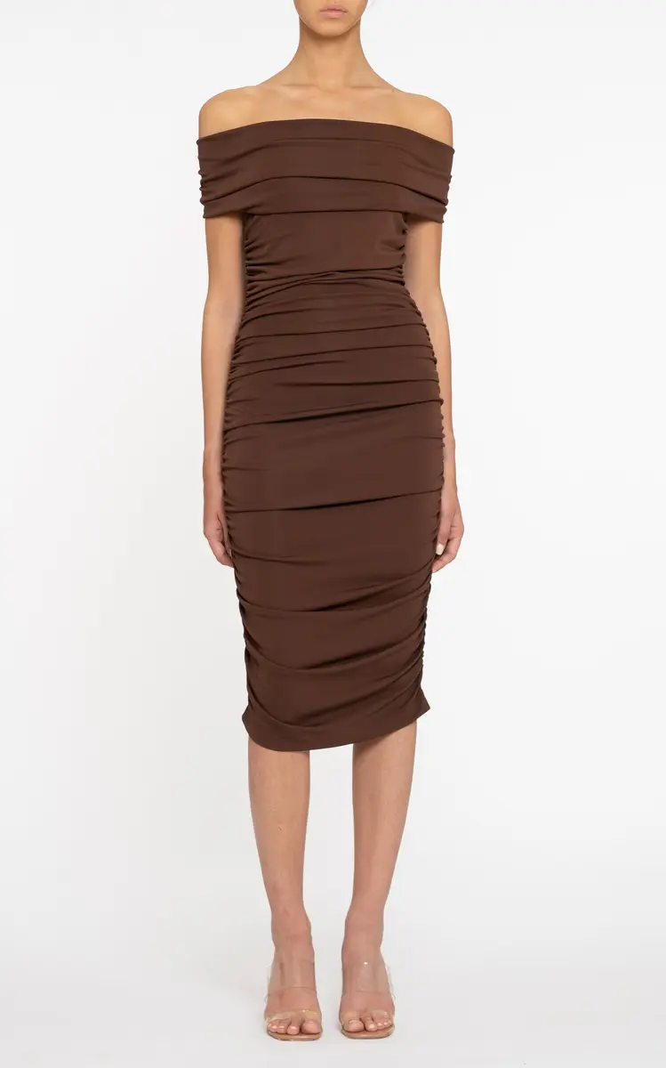 DES_PHEMMES Off-The-Shoulder Ruched Midi Dress - Yellow | Thumbnail 2