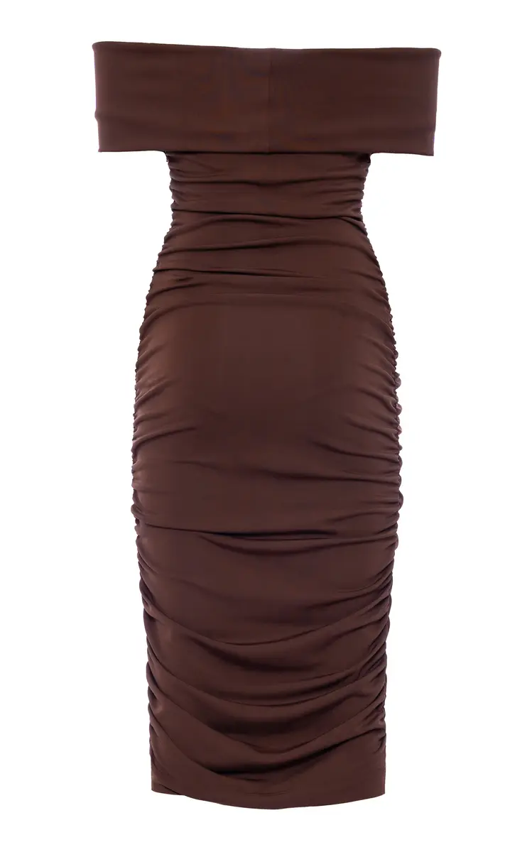 DES_PHEMMES Off-The-Shoulder Ruched Midi Dress - Yellow | Thumbnail 4