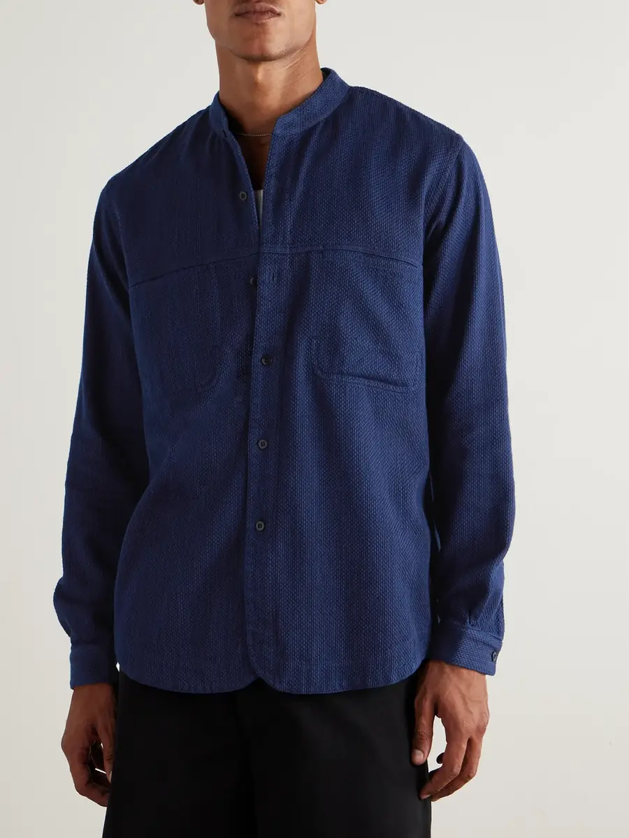 Blue Blue Japan Grandad-Collar Textured-Cotton Shirt - Men | Thumbnail 3 Blue Blue Japan Grandad-Collar Textured-Cotton Shirt - Men | Thumbnail 3