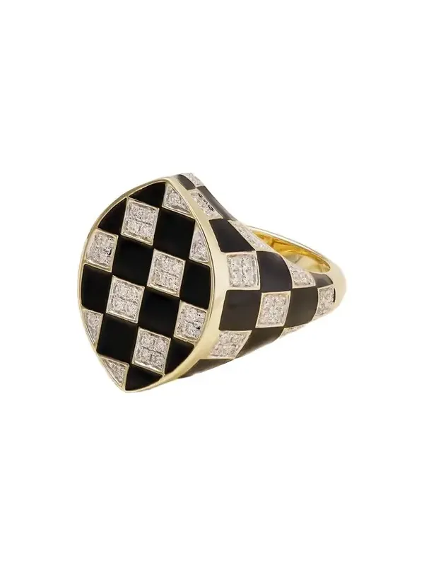 Chevalière Marquise Damier 9-karat Gold, Diamond And Enamel Ring - Black Chevalière Marquise Damier 9-karat Gold, Diamond And Enamel Ring - Black