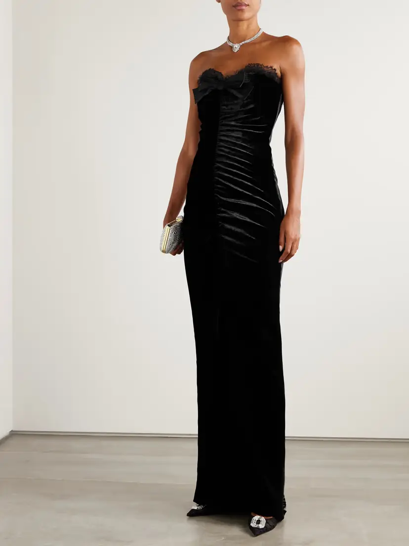 Alessandra Rich Sleveless Bow-embellished Gathered Lace-trimmed Velvet Gown | Thumbnail 2 Alessandra Rich Sleveless Bow-embellished Gathered Lace-trimmed Velvet Gown | Thumbnail 2