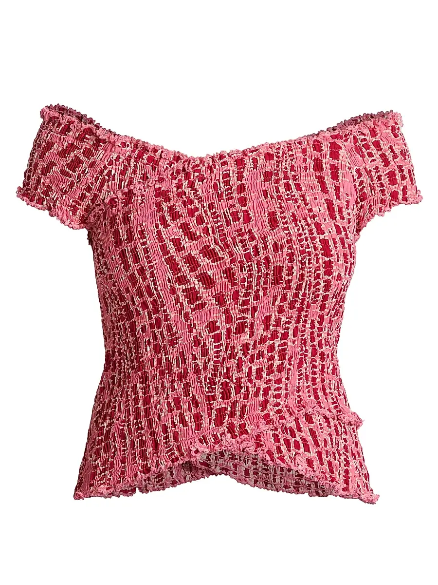 Poupette St Barth Women's Soledad Printed Smocked Off-The-Shoulder Top - Pink Kalina | Image 1 Poupette St Barth Women's Soledad Printed Smocked Off-The-Shoulder Top - Pink Kalina | Image 1