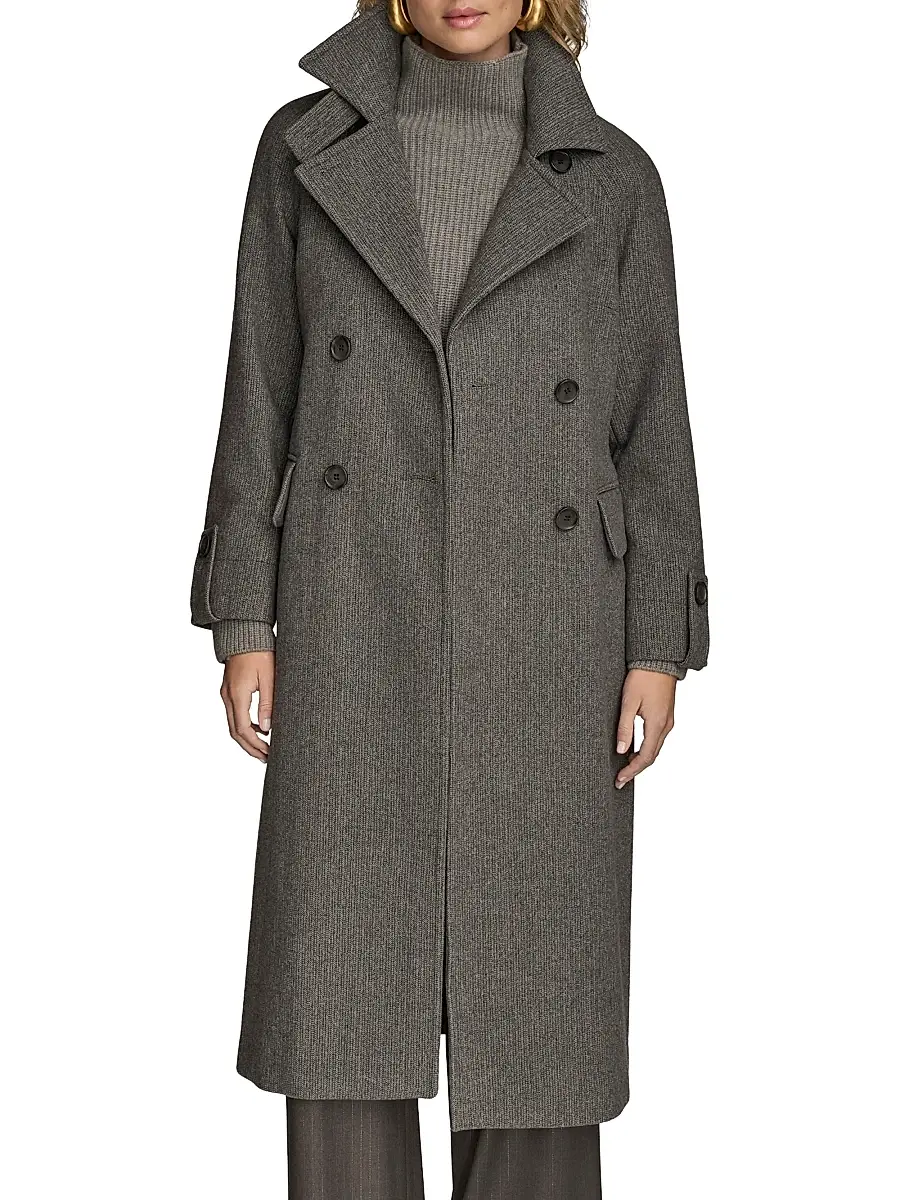 Donna Karan New York Women's Belted Double-Breasted Raglan Coat - Steel | Image 1 Donna Karan New York Women's Belted Double-Breasted Raglan Coat - Steel | Image 1