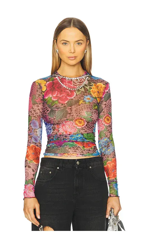 AREA Crystal Embellished Printed Tulle Long Sleeve Top | Image 1 AREA Crystal Embellished Printed Tulle Long Sleeve Top | Image 1