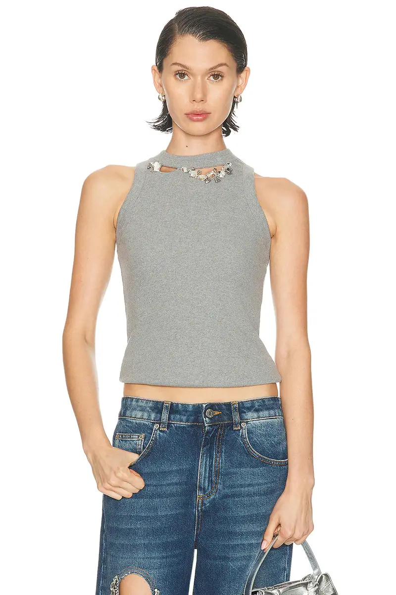 AREA Distressed Crystal Ribbed Knit Tank Top | Image 1 AREA Distressed Crystal Ribbed Knit Tank Top | Image 1