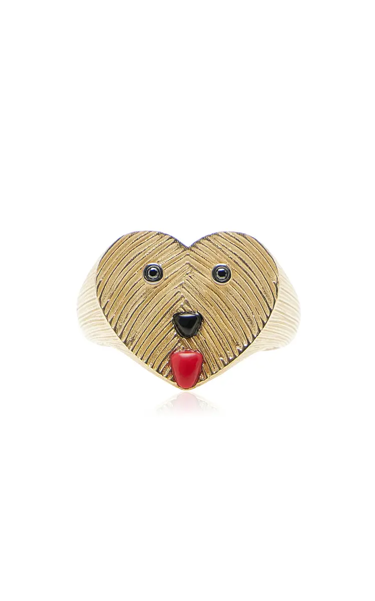Yvonne Léon 9k Gold Black Diamond And Coral Signet Ring