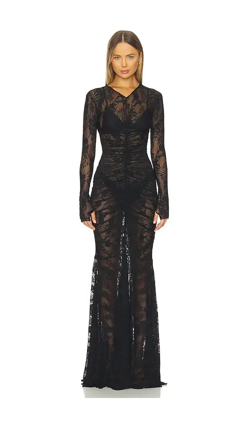 Norma Kamali Long Sleeve V Neck Shirred Front Fishtail Gown | Image 1 Norma Kamali Long Sleeve V Neck Shirred Front Fishtail Gown | Image 1