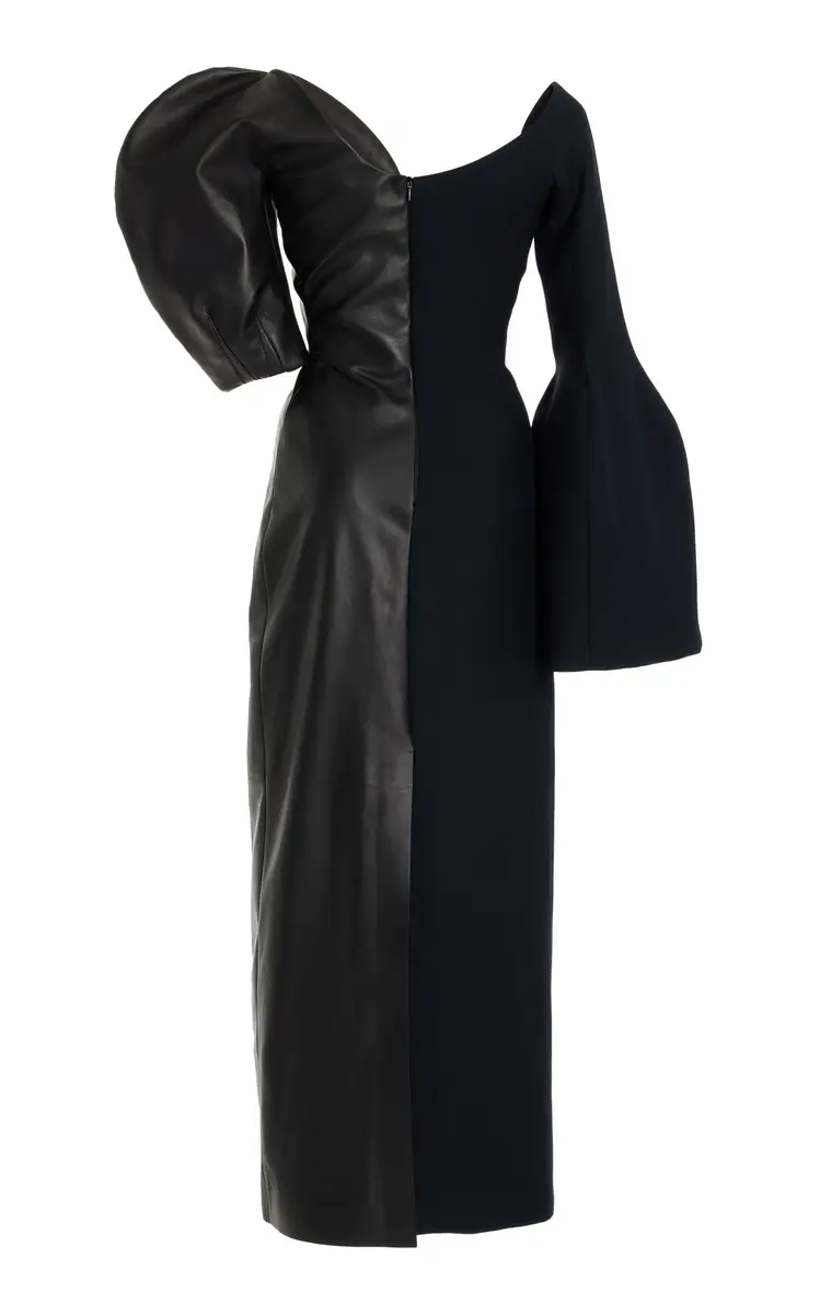 Gabriela Hearst Merlin Asymmetric Leather Wool-Silk Combo Midi Dress | Thumbnail 3