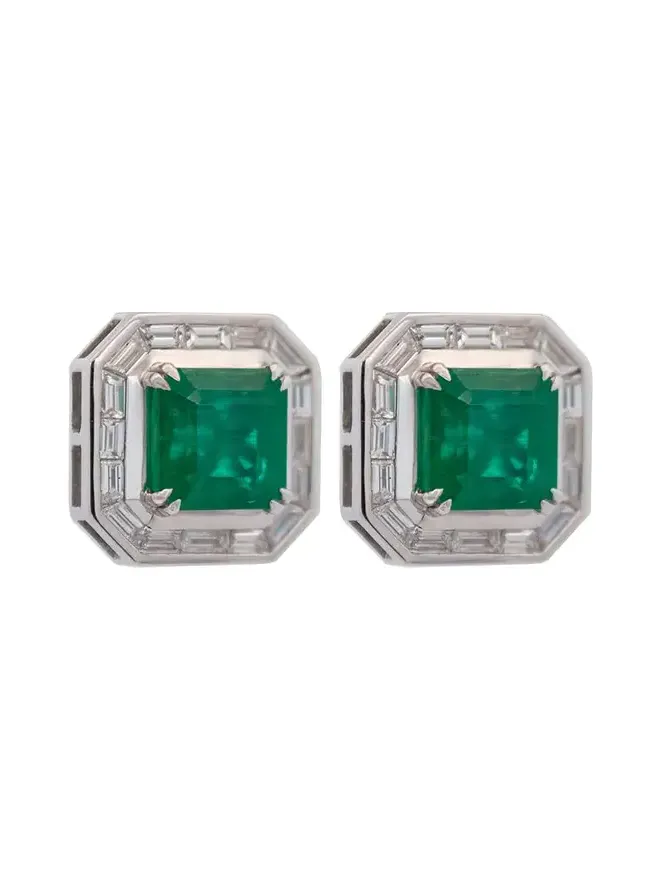 10.02ct Emerald Diamond 18K Gold Halo Earrings