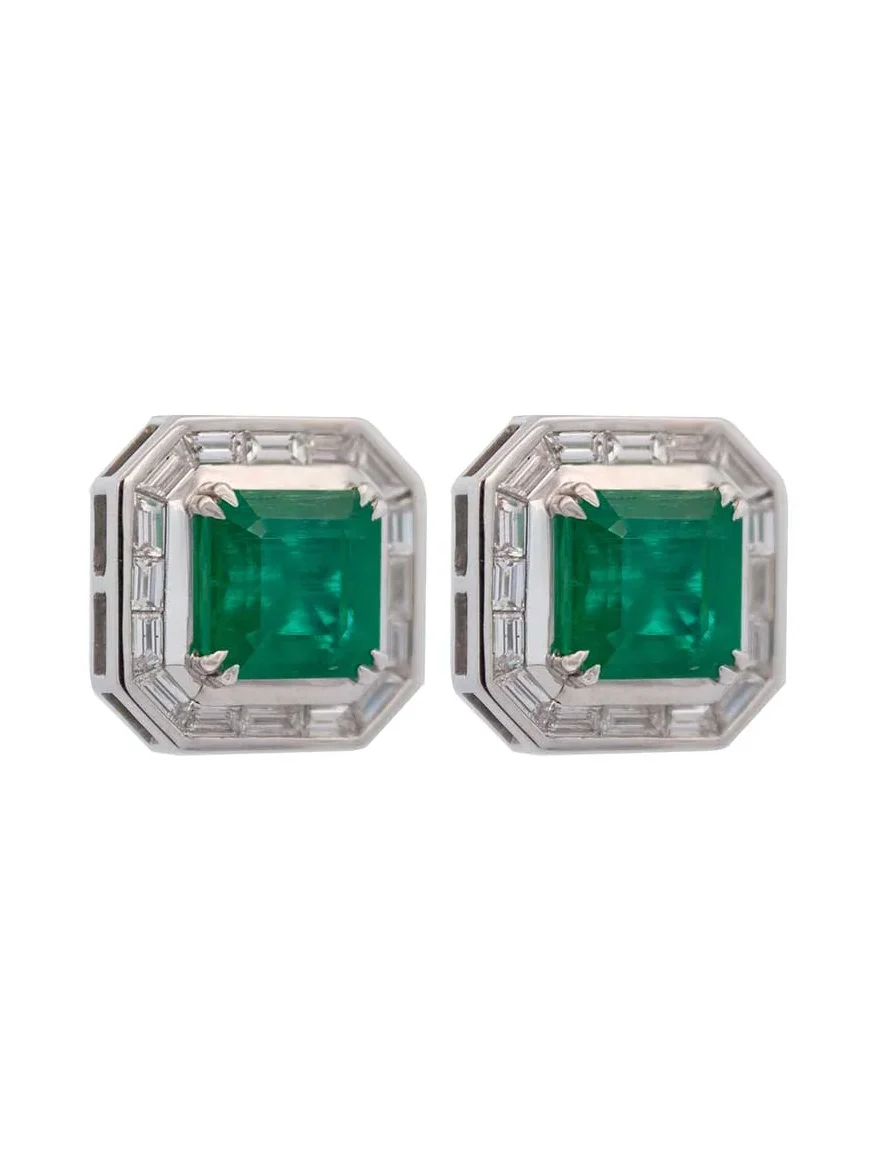 10.02ct Emerald Diamond 18K Gold Halo Earrings 10.02ct Emerald Diamond 18K Gold Halo Earrings