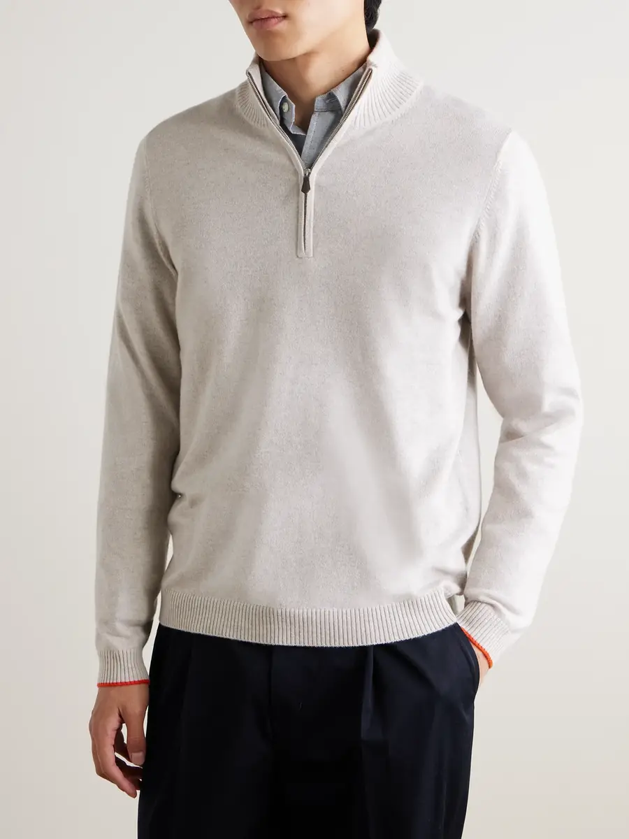 N.Peal N.Peal Cashmere Tucci Leather-Trimmed Half-Zip Sweater - Men | Thumbnail 3 N.Peal N.Peal Cashmere Tucci Leather-Trimmed Half-Zip Sweater - Men | Thumbnail 3
