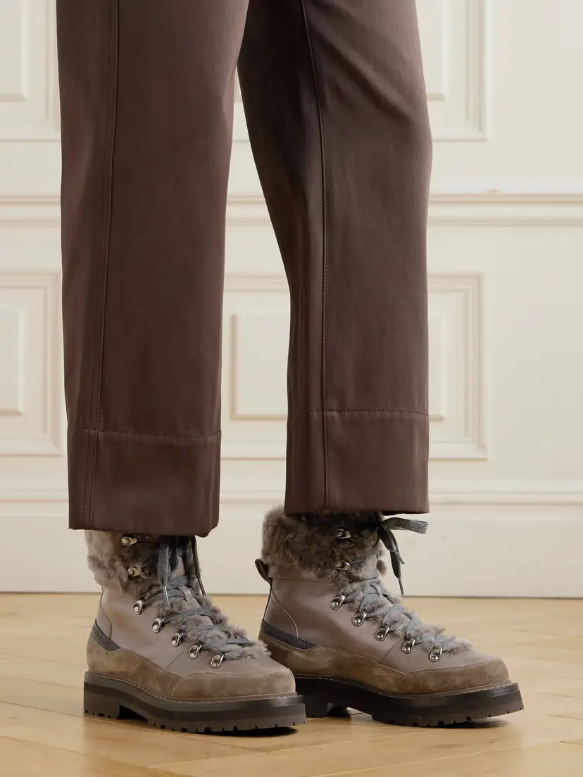 Brunello Cucinelli Bead-embellished Shearling-trimmed Leather Ankle Boots | Thumbnail 2