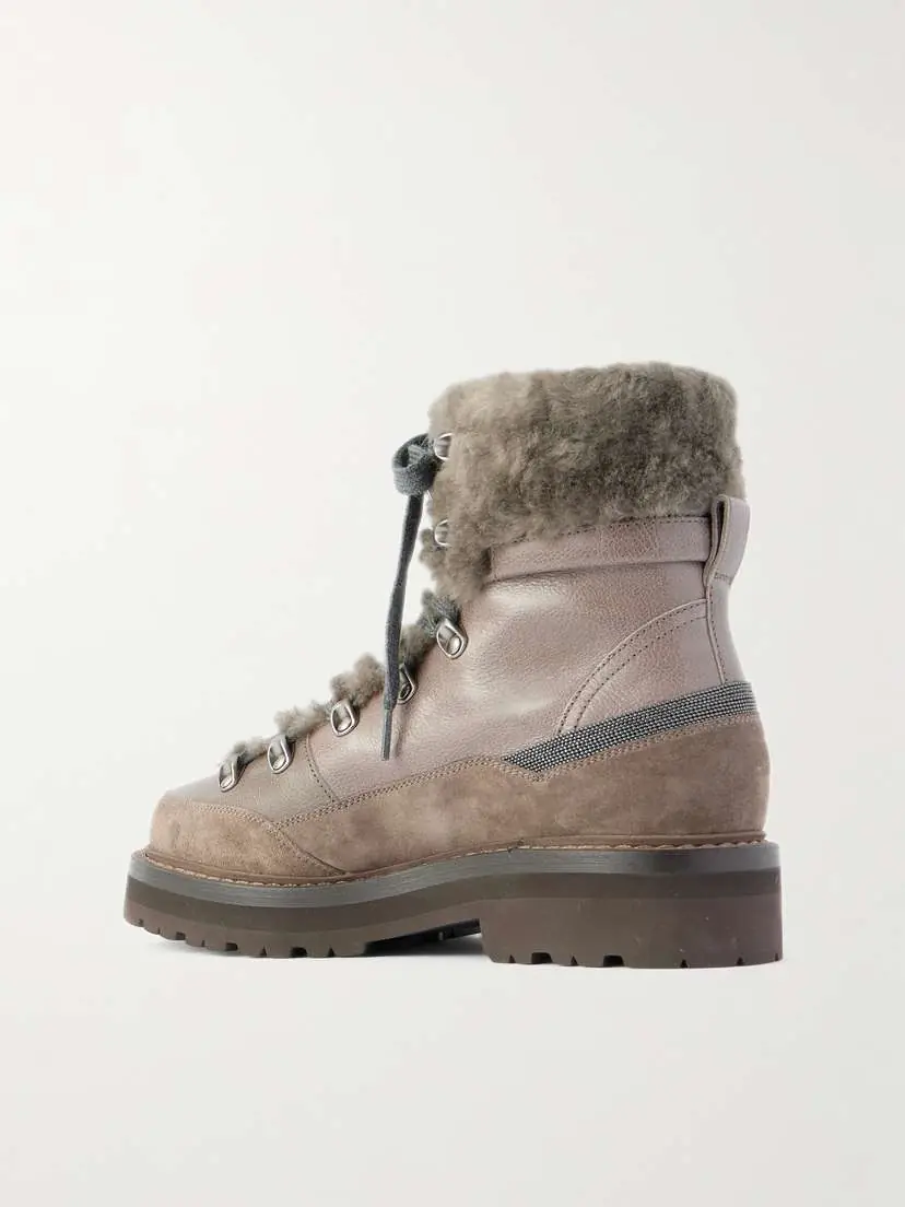 Brunello Cucinelli Bead-embellished Shearling-trimmed Leather Ankle Boots | Thumbnail 3