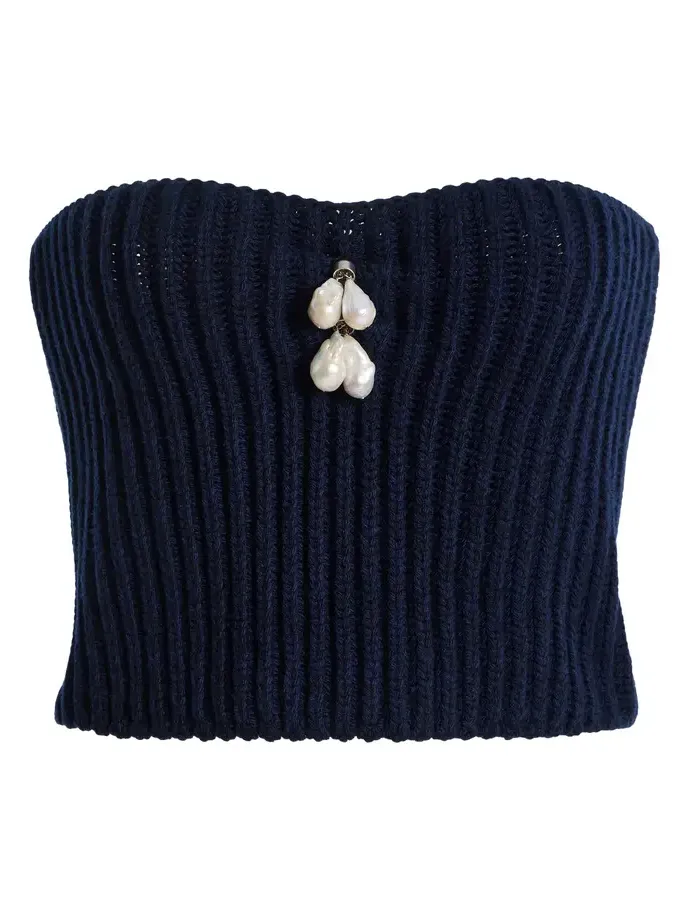 Prada Pearl-Embellished Knit Wool-Cashmere Bustier Top