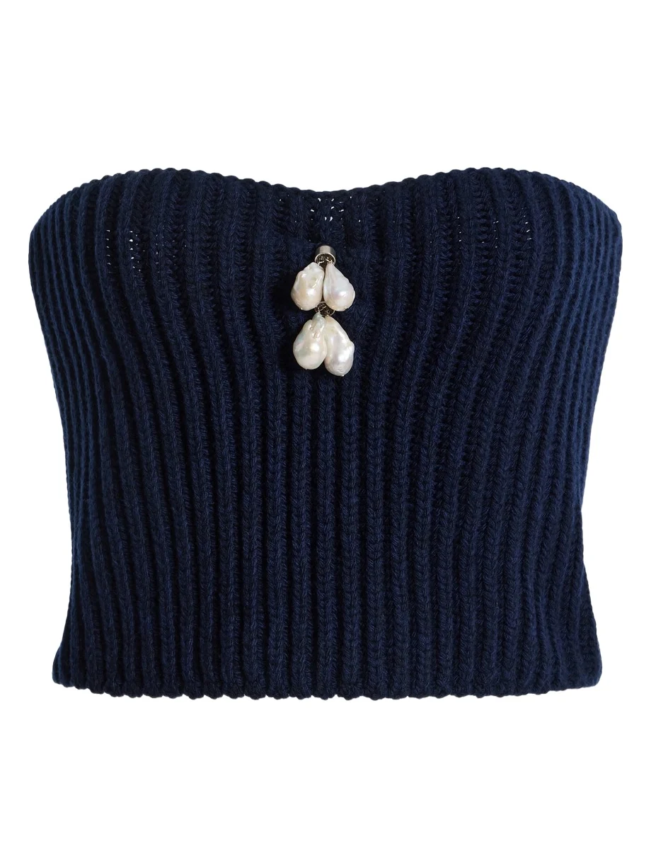 Prada Pearl-Embellished Knit Wool-Cashmere Bustier Top