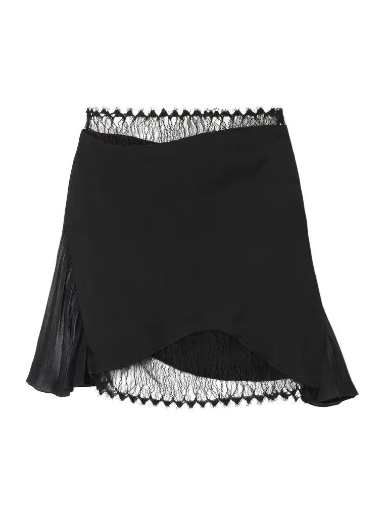 Pleated Lace And Chiffon-trimmed Satin-crepe Mini Skirt