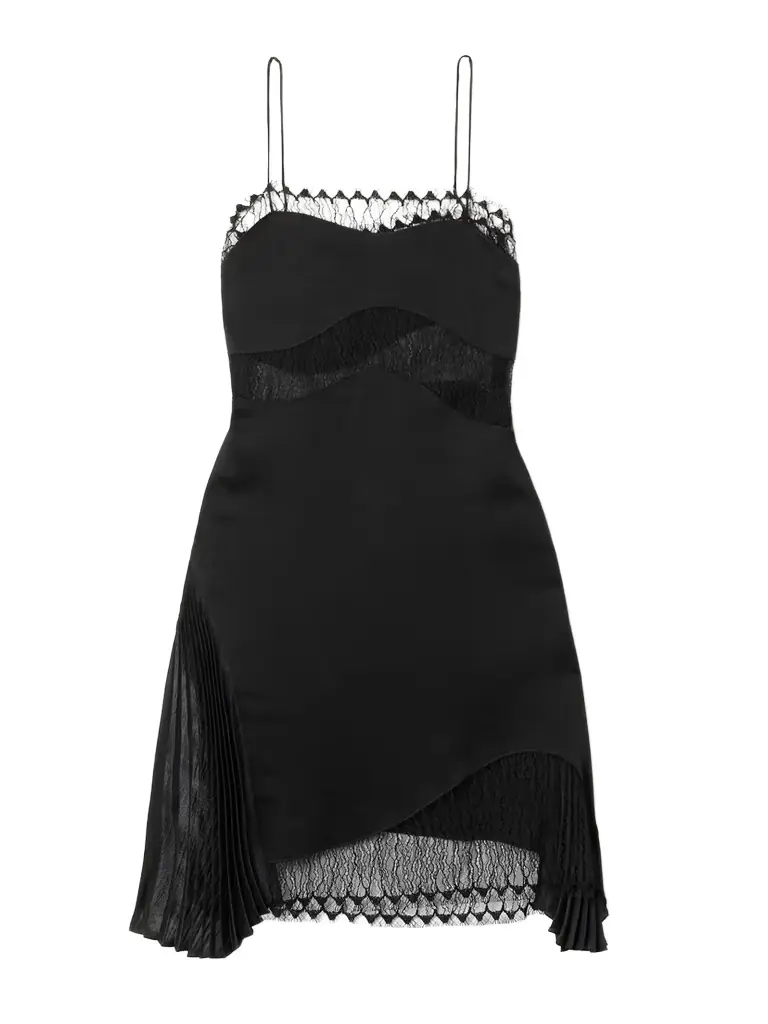 Pleated Chiffon And Lace-trimmed Satin-crepe Mini Dress