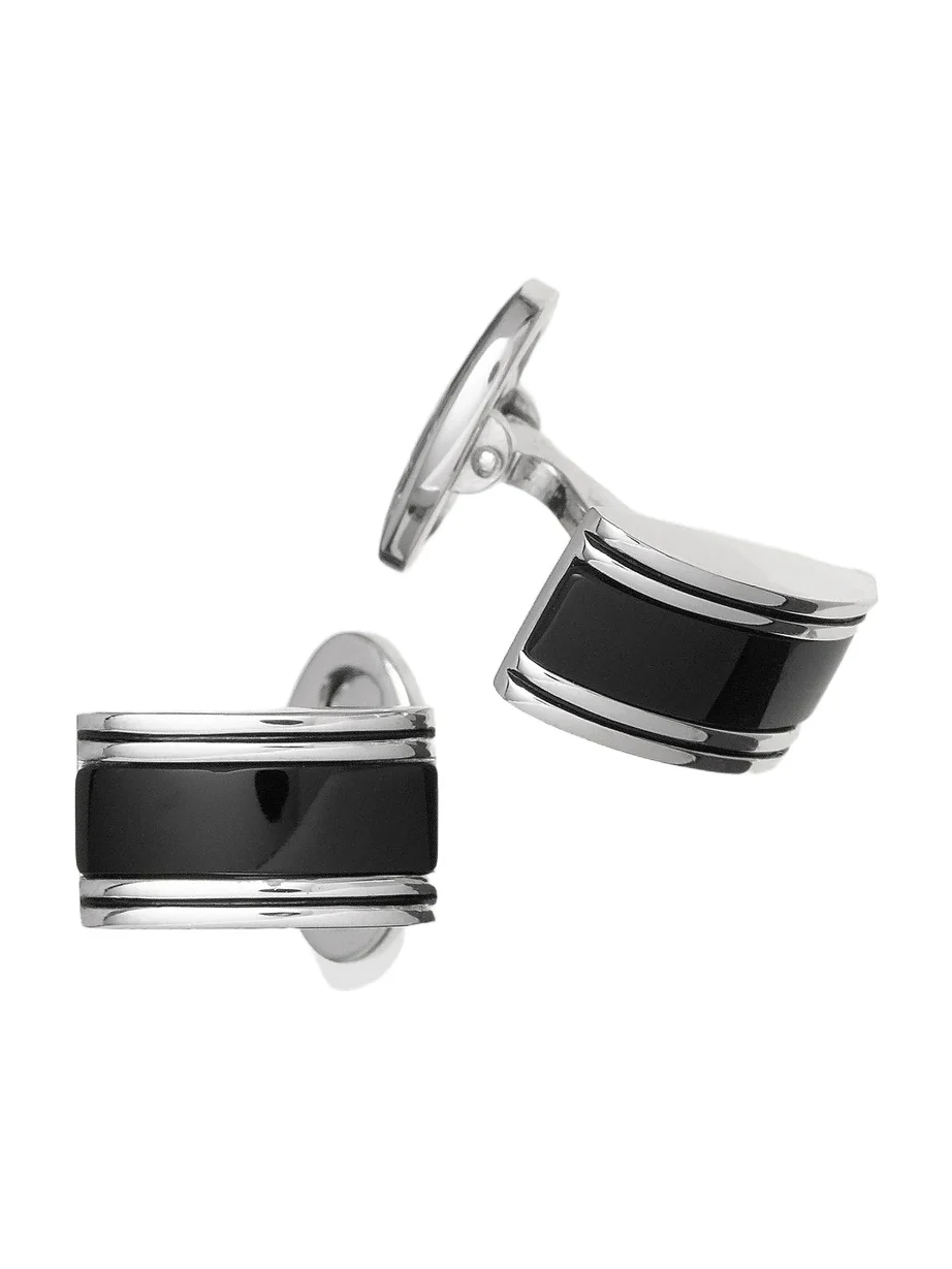 Men's Linear Etch Sterling Silver & Black Onyx Rectangular Cufflinks