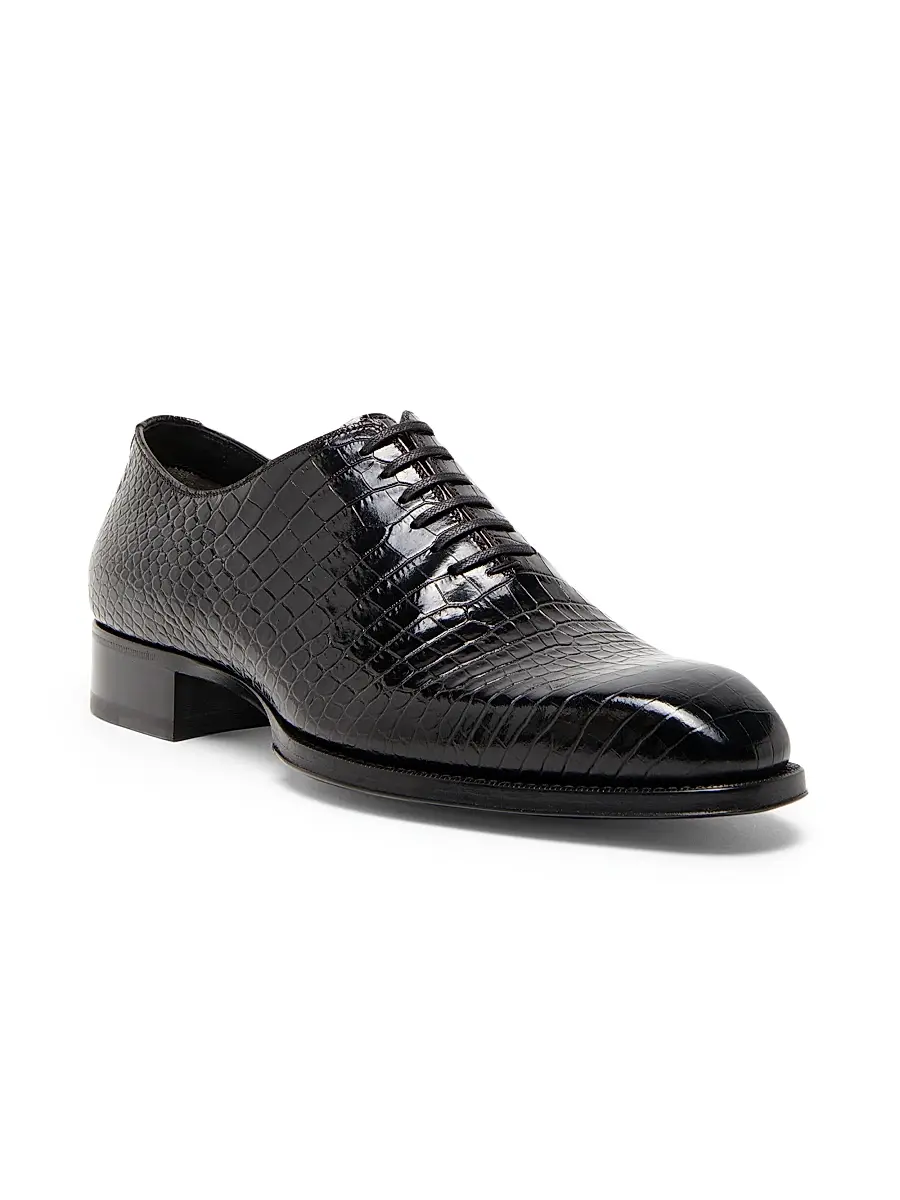 TOM FORD Men's Elkan Shiny Croc Embossed Oxford Shoes - Black | Thumbnail 2 TOM FORD Men's Elkan Shiny Croc Embossed Oxford Shoes - Black | Thumbnail 2