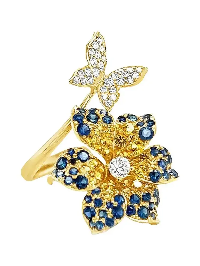 Blue Yellow Sappire Flower Butterfly Ring Blue Yellow Sappire Flower Butterfly Ring