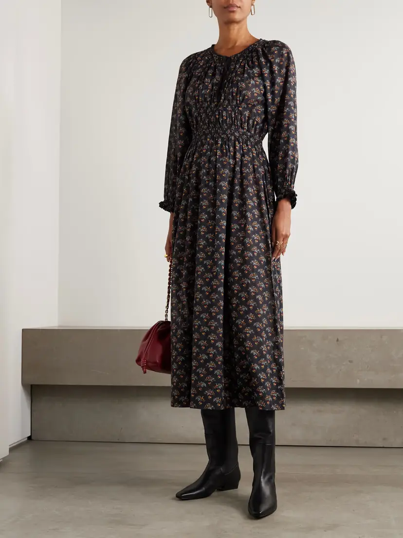 DÔEN Delfina Shirred Floral-print Organic Cotton-voile Midi Dress | Thumbnail 3