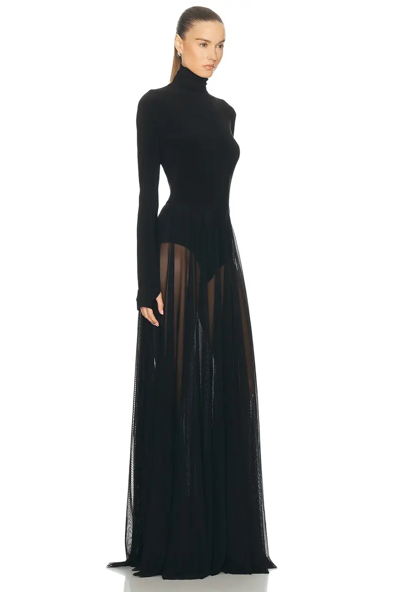 Norma Kamali Long Sleeve Turtleneck Bodysuit Flared Gown | Thumbnail 2