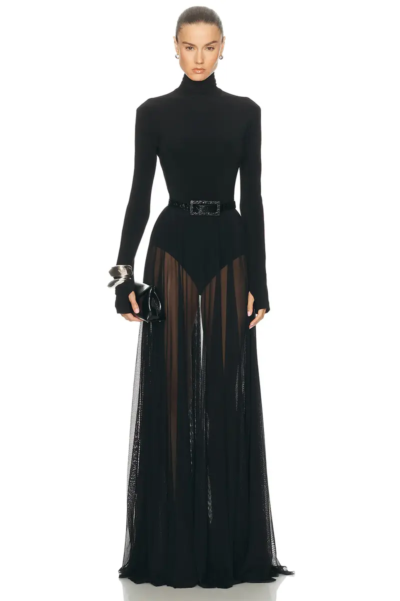 Norma Kamali Long Sleeve Turtleneck Bodysuit Flared Gown | Thumbnail 4