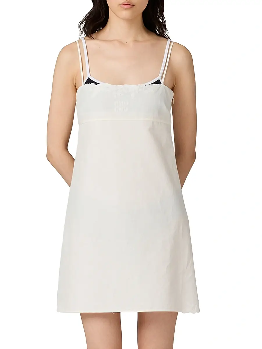 Miu Miu Women's Embroidered Slubbed Canvas Mini-Dress - White | Thumbnail 2 Miu Miu Women's Embroidered Slubbed Canvas Mini-Dress - White | Thumbnail 2