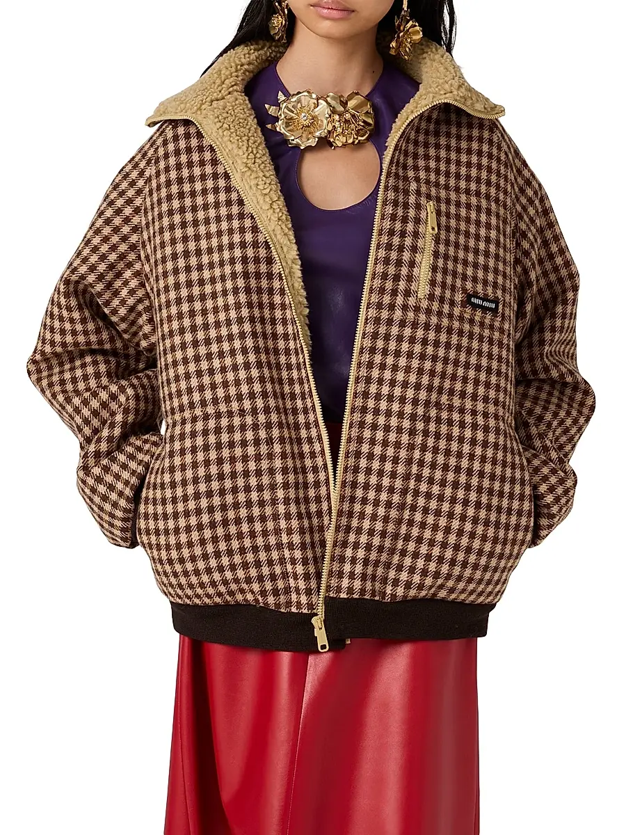 Miu Miu Women's Fleece-Lined Checked Blouson Jacket - Brown | Thumbnail 2 Miu Miu Women's Fleece-Lined Checked Blouson Jacket - Brown | Thumbnail 2