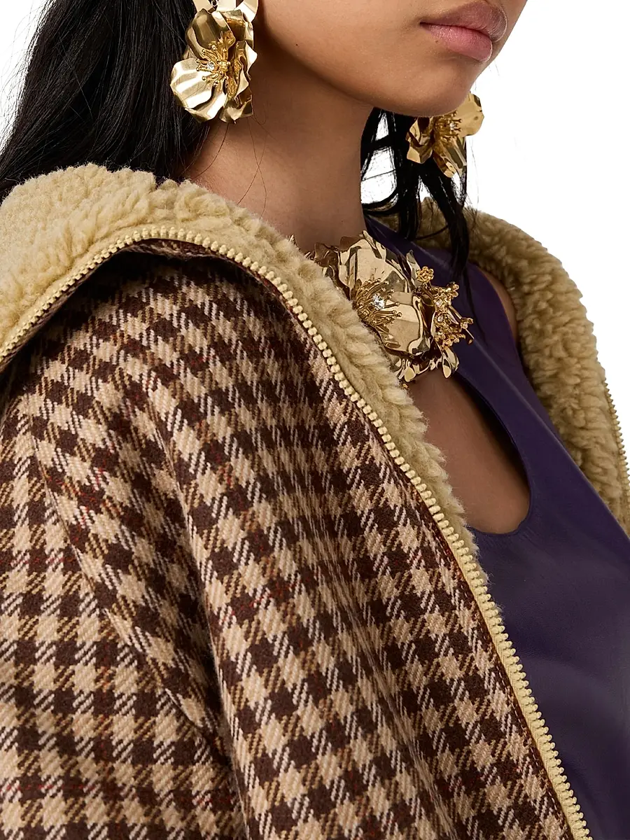 Miu Miu Women's Fleece-Lined Checked Blouson Jacket - Brown | Thumbnail 4 Miu Miu Women's Fleece-Lined Checked Blouson Jacket - Brown | Thumbnail 4