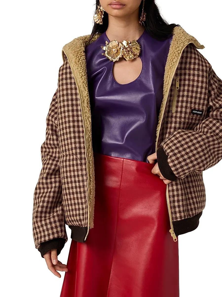 Miu Miu Women's Fleece-Lined Checked Blouson Jacket - Brown | Thumbnail 5 Miu Miu Women's Fleece-Lined Checked Blouson Jacket - Brown | Thumbnail 5