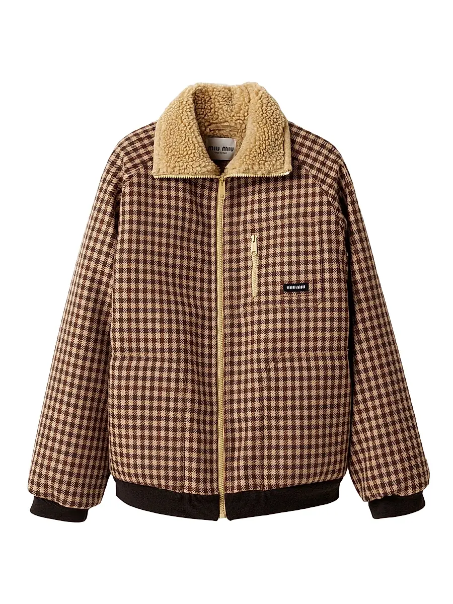 Women's Fleece-Lined Checked Blouson Jacket - Brown