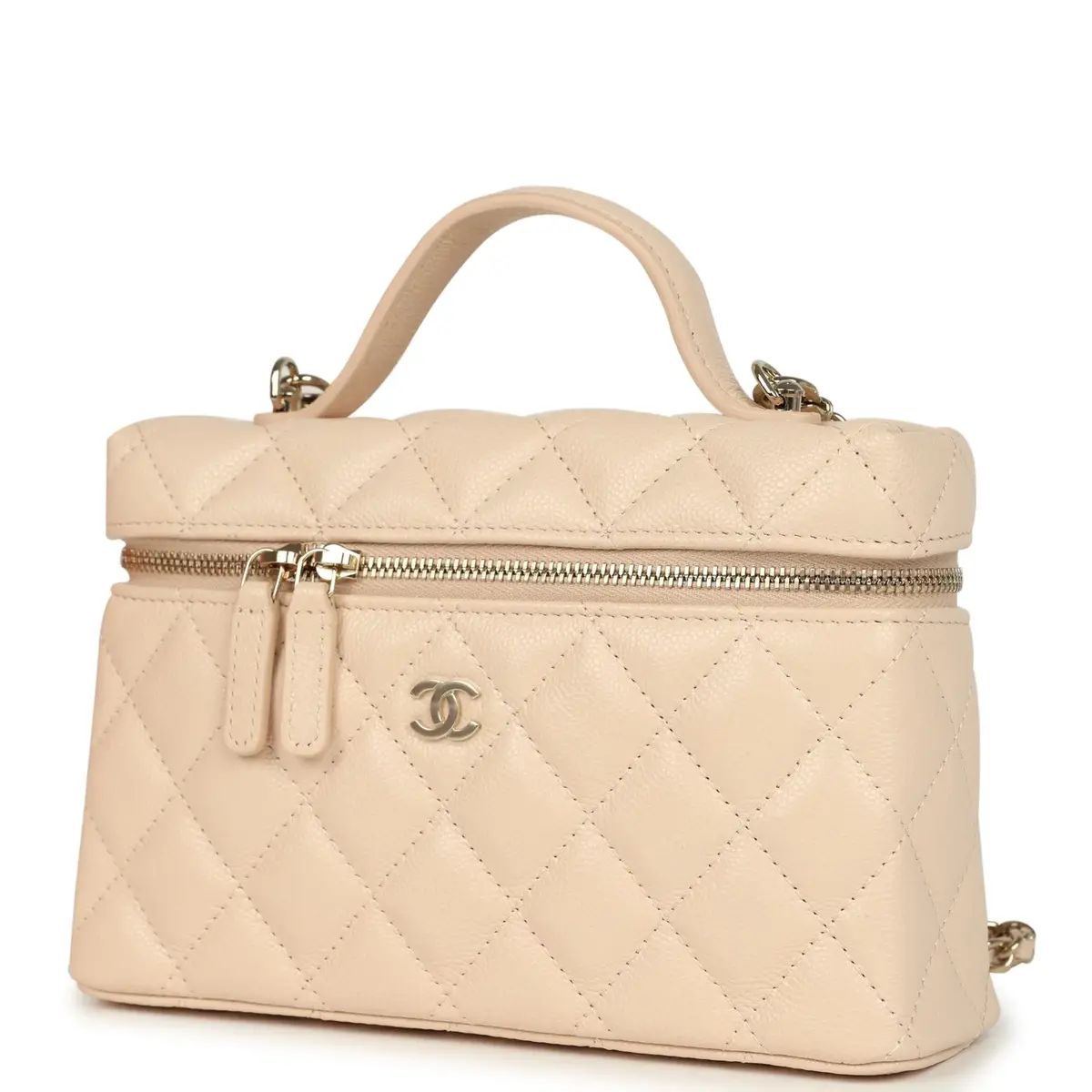 Chanel Chanel Top Handle Long Vanity Case with Chain Light Beige Shiny Caviar Light Gold Hardware | Thumbnail 3
