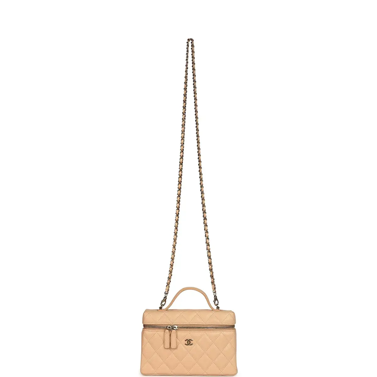 Chanel Chanel Top Handle Long Vanity Case with Chain Light Beige Shiny Caviar Light Gold Hardware | Thumbnail 7