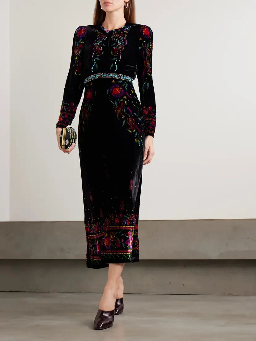 Saloni Claudia Twisted Embellished Printed Velvet Midi Dress | Thumbnail 2 Saloni Claudia Twisted Embellished Printed Velvet Midi Dress | Thumbnail 2