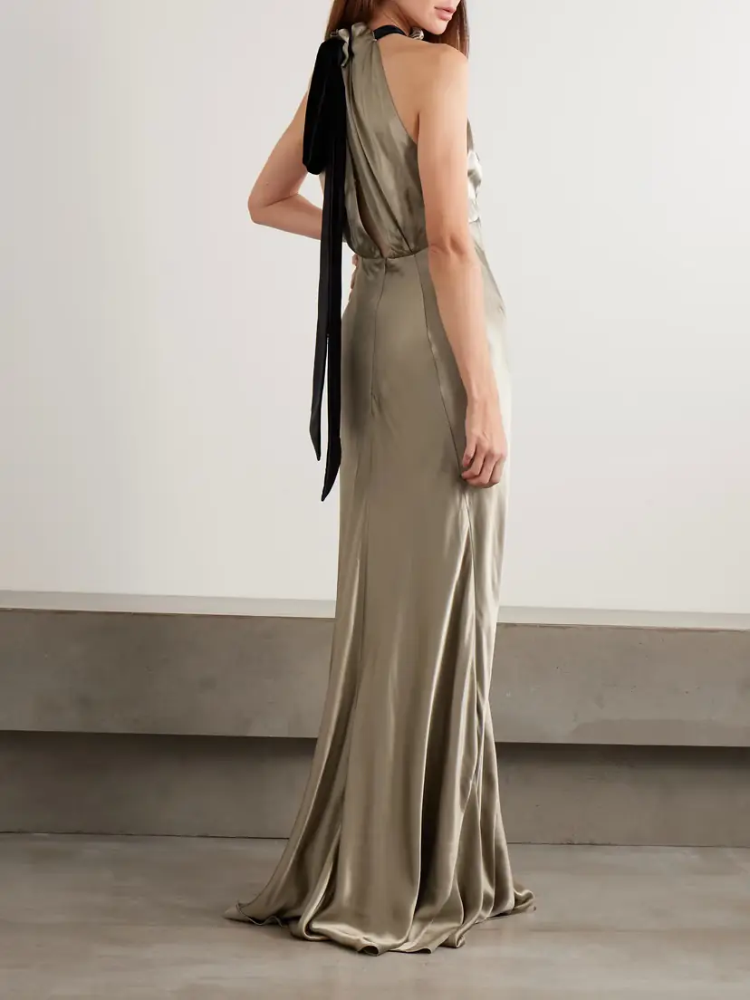 Saloni Michelle Velvet-trimmed Open-back Satin Gown | Thumbnail 3